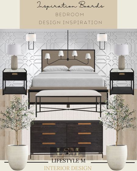 Bed Room Design inspiration. Recreate the look at home with these furniture and decor. Black wood dresser, black wood night stand, queen sized bed, upholstered bench, white bed room rug, wood floor tile, table lamp, wall sconce light, bes room chandelier, white tree planter pot, faux fake tree.

#LTKstyletip #LTKFind #LTKhome