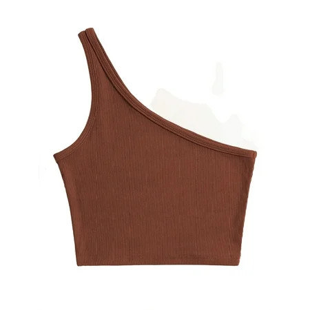 Women s One Shoulder Rib knit Crop Top Brown XXS | Walmart (US)