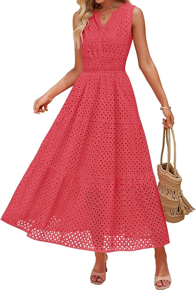 ZESICA Women's 2026 Summer Sleeveless Maxi Dress Casual V Neck Hollow Out Eyelet A Line Flowy Par... | Amazon (US)