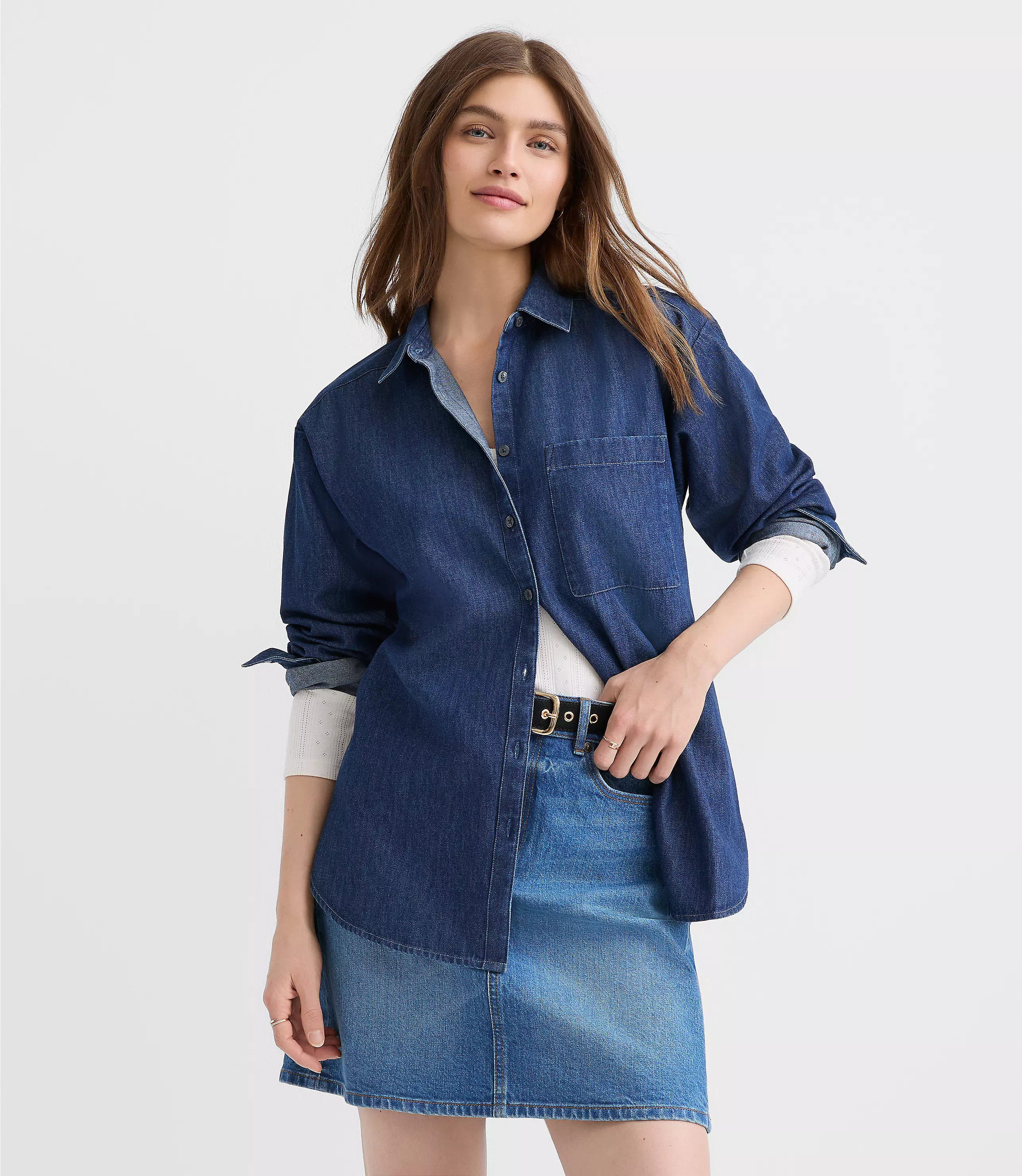 Petite Chambray Everyday Oversized Pocket Shirt | LOFT