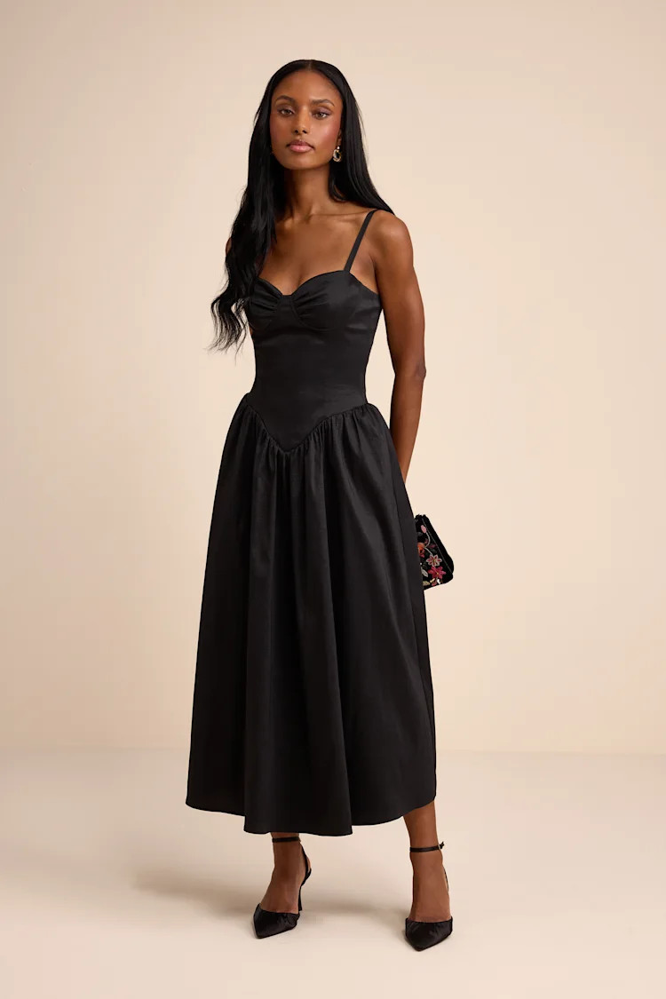 Goodwin Black Taffeta Tie-Strap Bustier Midi Dress | Lulus