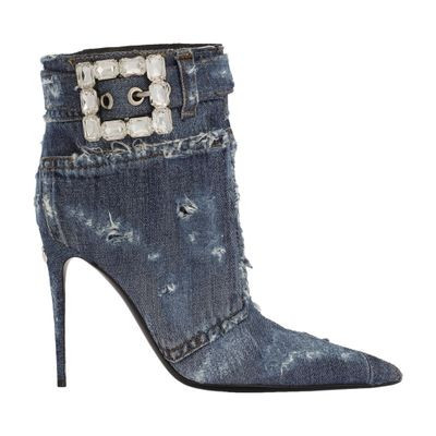 Patchwork denim ankle boots with rhinestone buckle | 24S US