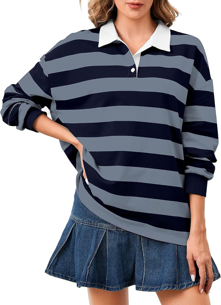 Women's Oversized Striped Polo Sweatshirt Long Sleeve Rugby Collared Pullover Tops Loose Fit Shir... | Amazon (US)