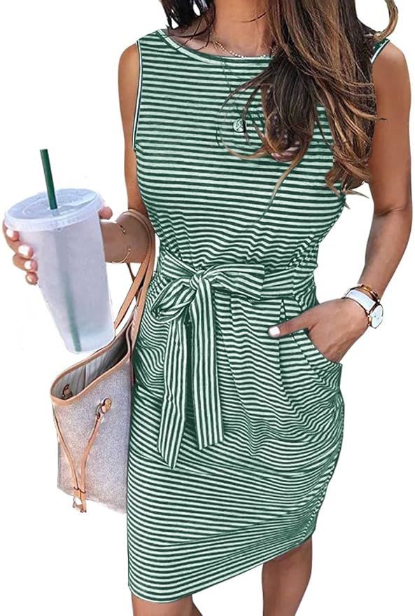 MEROKEETY Womens Summer Sleeveless Striped T Shirt Dress Casual Crew Neck Tie Waist Mini Dresses | Amazon (US)