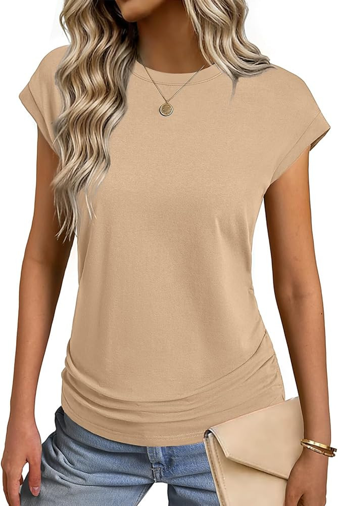 GKBK Womens Summer Cotton Tops Ruched Cap Short Sleeve Tshirts Crew Neck Shirts Fashion Trendy 20... | Amazon (US)