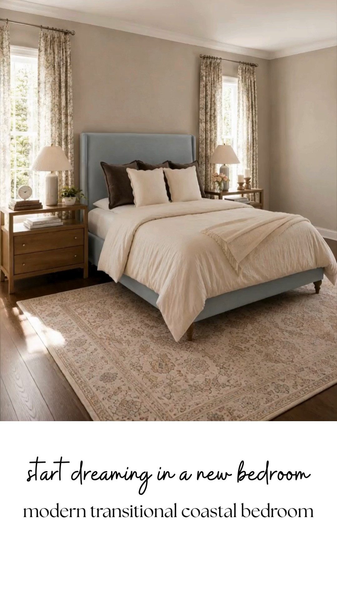 Soft morning light, layered neutral textures, and a bedroom that feels calm the second you walk in. This modern coastal bedroom combines transitional style with warm organic details for a space that feels timeless and inviting. Featuring an upholstered bed, neutral area rug, cozy layered bedding, warm wood furniture, and soft blue accents for that collected designer feel. Perfect for anyone searching for modern coastal interiors, neutral bedroom ideas, cozy primary bedroom inspiration, elevated coastal decor, warm transitional style, and timeless bedroom design trends. 

 #LTKHome