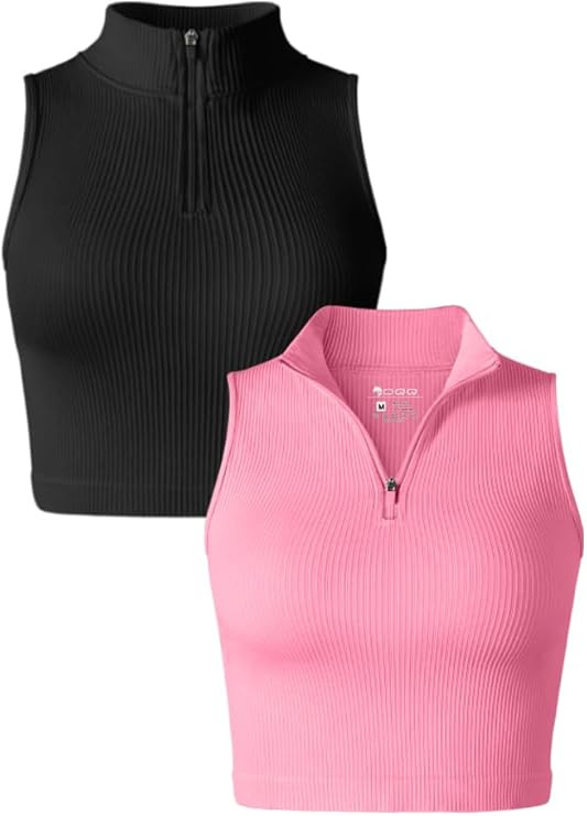 OQQ Women's 2 Piece Tank Tops Sleeveless Zip Basic Stretch Tee Shirts Crop Camis | Amazon (US)