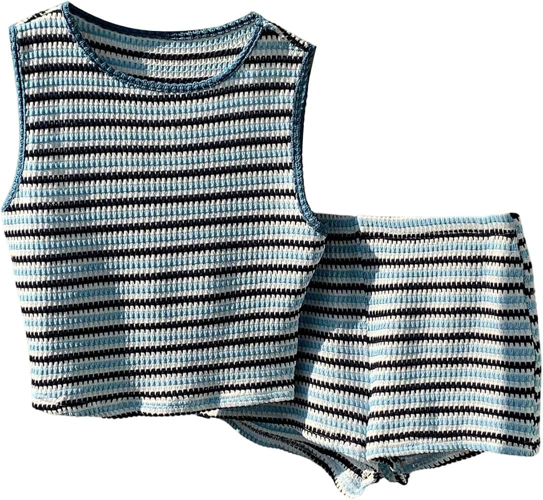 MakeMeChic Women's 2 Piece Striped Sets Two Piece Vacation Going Out Outfit Crop Tank Top and Min... | Amazon (US)