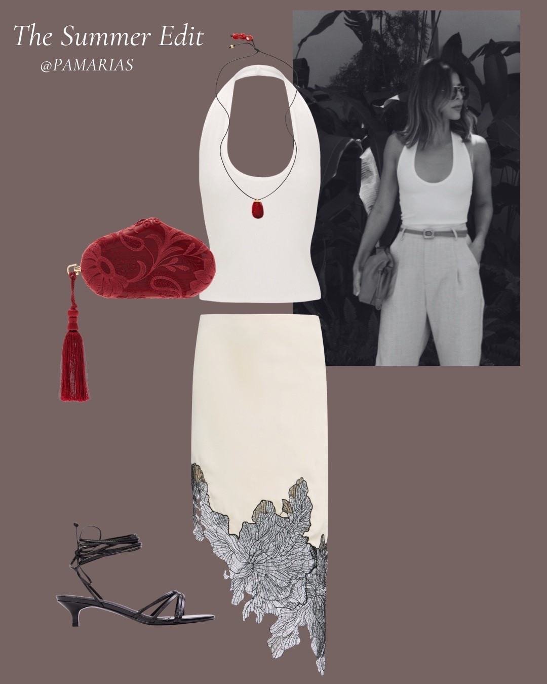 Summer Outfit Inspiration. Love this all white-black look with a touch of red ❤️