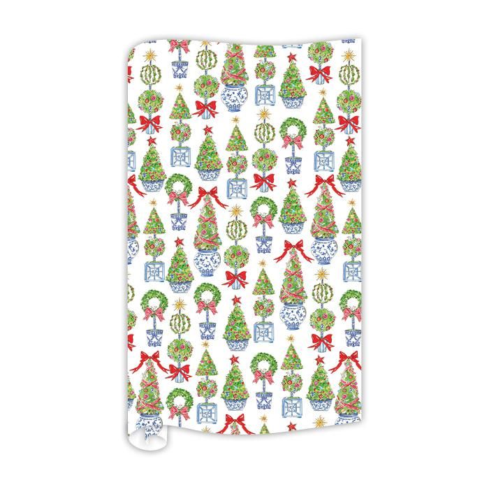 Handpainted Holiday Merry and Bright Topiary Pattern Wrapping Paper | Rosanne Beck Collections