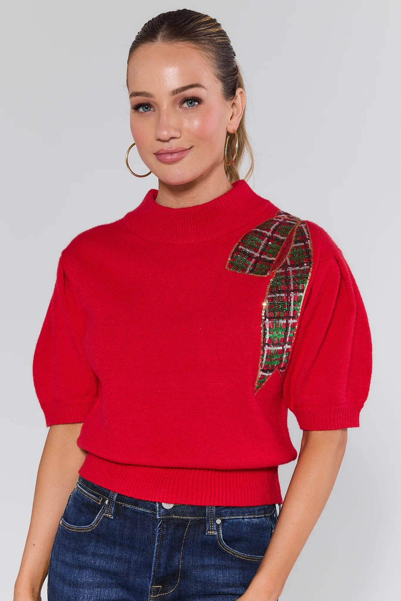 Eve Red Sequin Bow Sweater | Avara