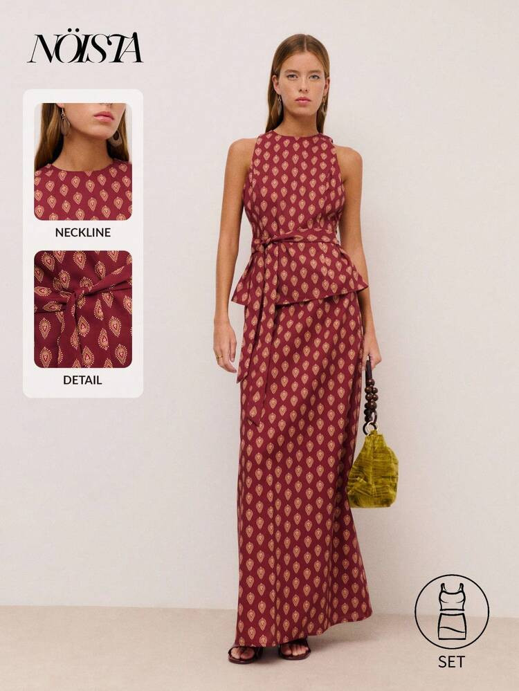 N\u00f6ista Printed Sleeveless Set Co-Ord With A Belted Waist And Midi Total Lenght. , Spring, Su... | SHEIN