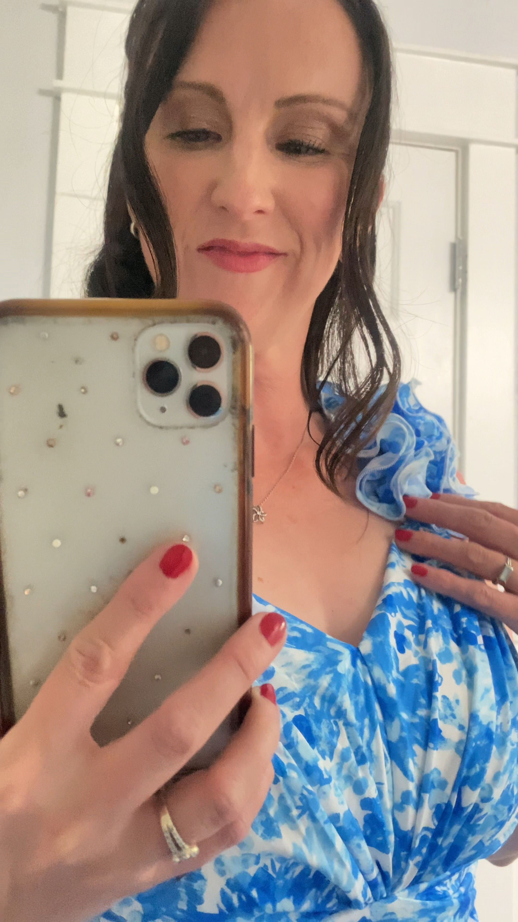 The details on this dress are incredible! So flattering and feminine. Love the V neck, smocked waistline, and gorgeous ruffled shoulder straps. Spring dress. Summer dress. Midi dress. Wedding guest dress. Vacation outfit. 

#LTKFindsUnder50 #LTKOver40 #LTKSeasonal