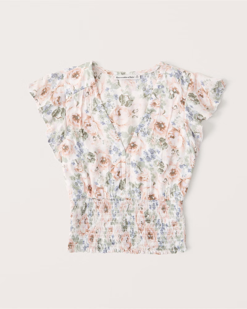 Short-Sleeve Smocked Waist Flutter Sleeve Blouse | Abercrombie & Fitch (US)