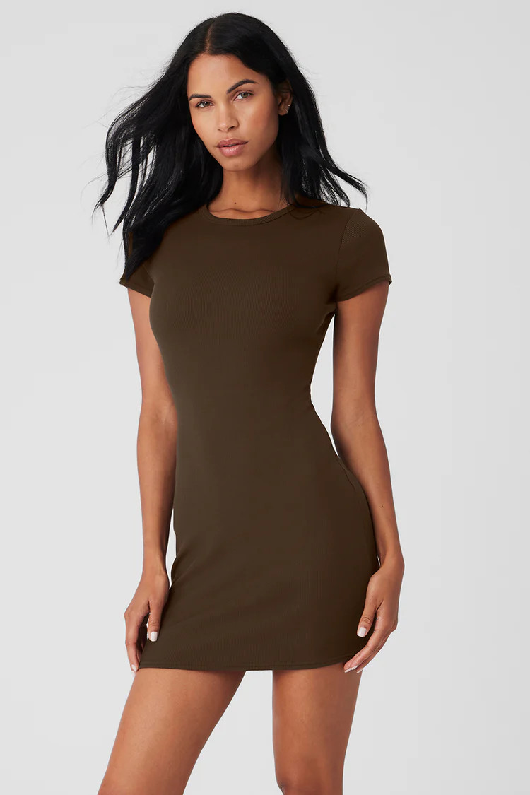 Goddess Ribbed Short Sleeve Dress - Espresso | Alo Yoga (US)