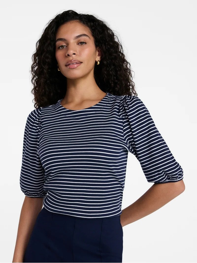 Time and Tru Women's Cotton Crewneck Tee with Puff Sleeves, Sizes XS-XXXL | Walmart (US)