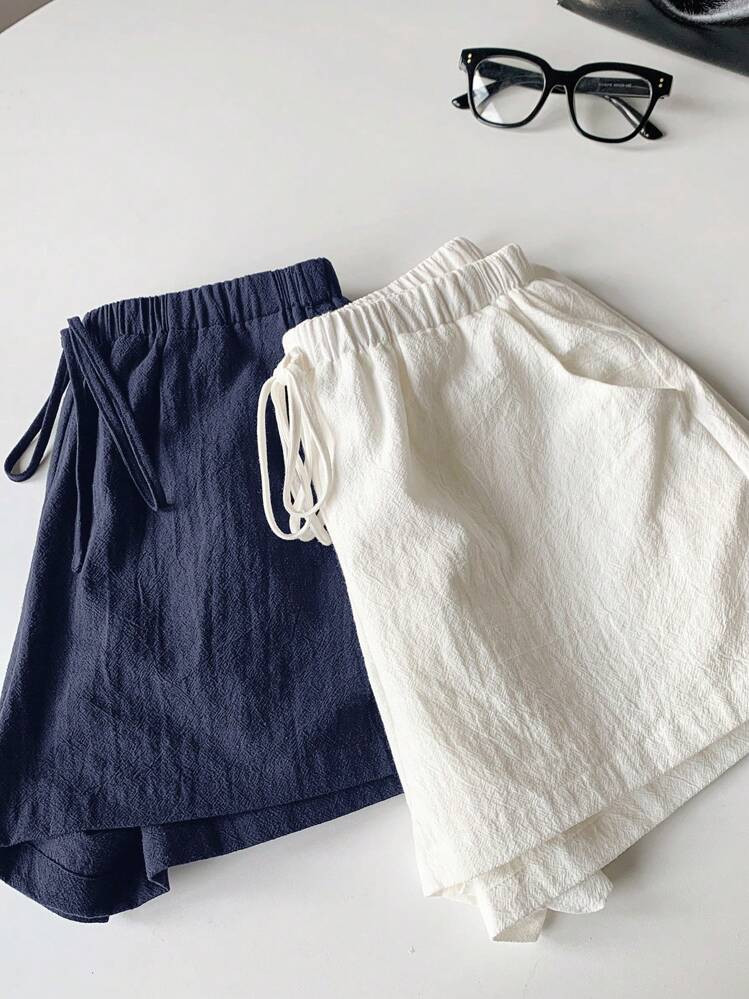 Comfortcana 2pcs Women Solid Color Waist Tie Pockets Shorts Set Cotton | SHEIN