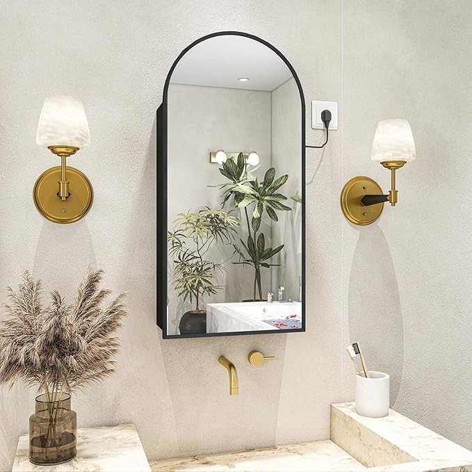 FKWin 20"x34" Arched Medicine Cabinets with Mirror, Bathroom Storage with Charging Station and 3 ... | Amazon (US)