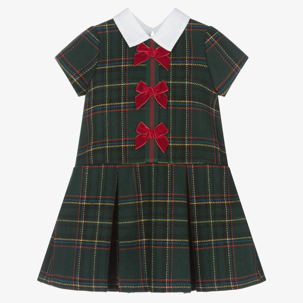 Girls Green Wool Tartan Dress | Childrensalon