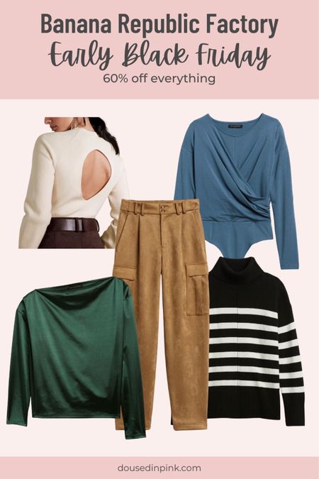 Don’t miss the Banana Republic Factory early Black Friday sale! 60% off everything sitewide.
Wrap front bodysuit, striped sweater, satin one shoulder top, open back sweater, suede cargo pants.

#LTKHoliday #LTKCyberweek #LTKunder100