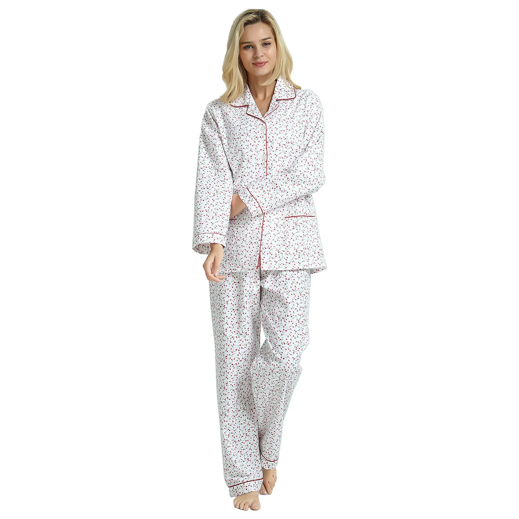 GLOBAL Women's Flannel Pajamas Set 100% Cotton PJs for Women Loungewear Long Sleeve Button Drawst... | Walmart (US)