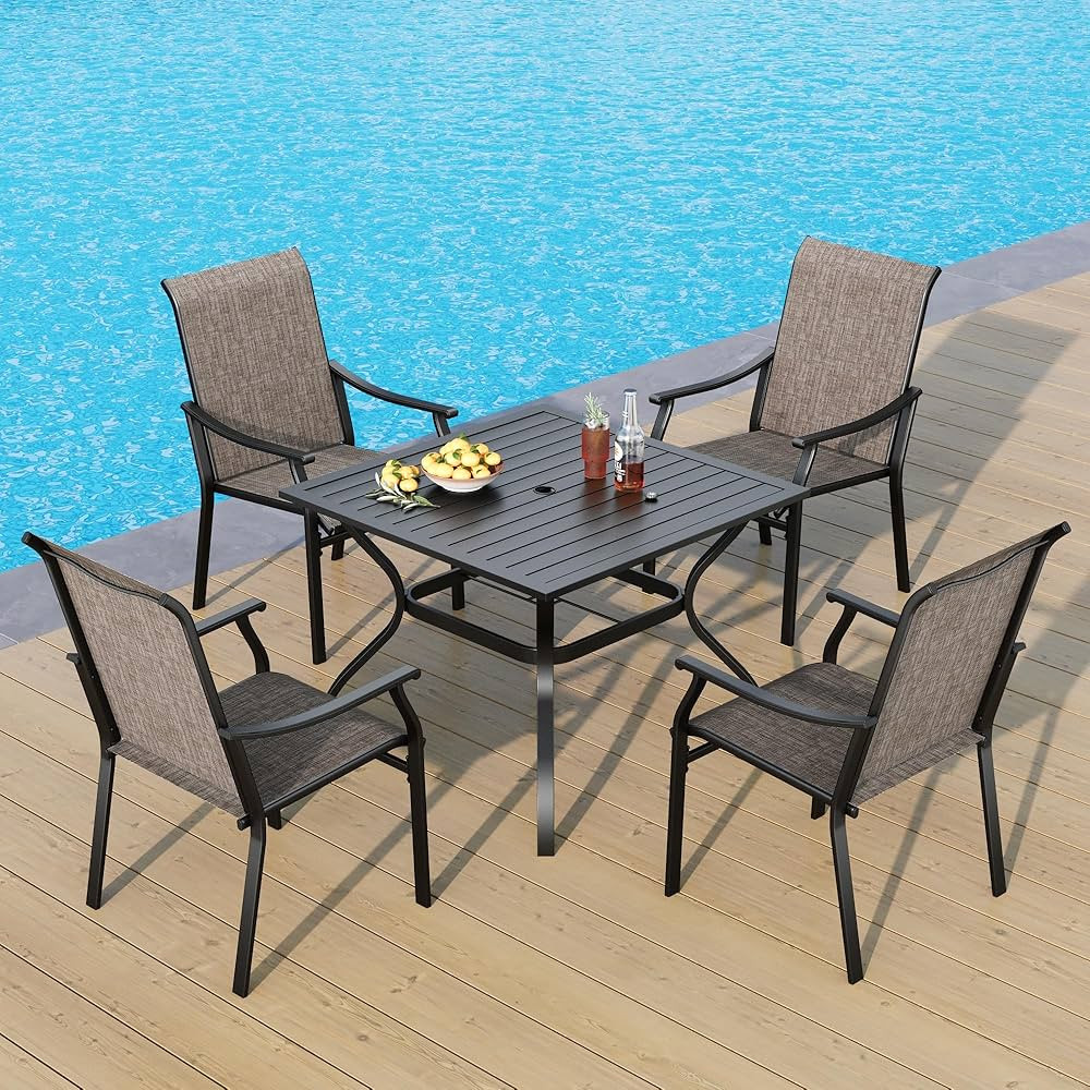 PHI VILLA 5 pcs Patio Dining Set, Outdoor Chairs with Sling Fabric and Sturdy Frame, Metal Square... | Amazon (US)