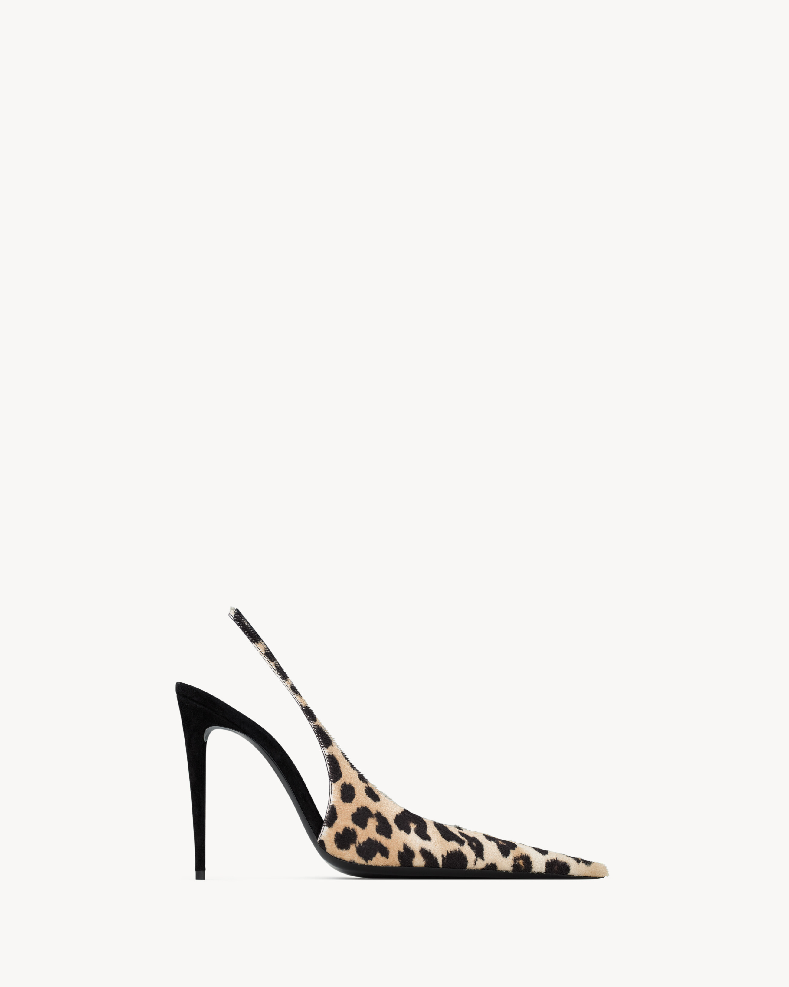 leopard-print slingback pumps with a pointed toe and covered stiletto heel. | Saint Laurent Inc. (Global)