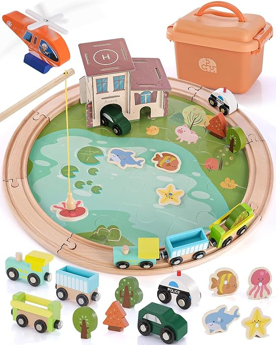 Wooden Train Track Set - 48-Piece Toy Train Tracks Compatible with Thomas, Brio, Melissa & Doug -... | Amazon (US)