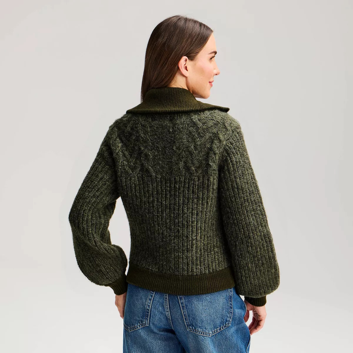Women's Heritage Cable Bomber Collared Pullover Sweater - Universal Thread™ Olive Green XXL | Target