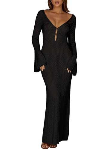 Saodimallsu Womens Crochet Maxi Cover Up Dress Beach Swim Vacation Coverups Long Sleeve Sexy Bodycon Summer Knit Dresses Black | Amazon (US)