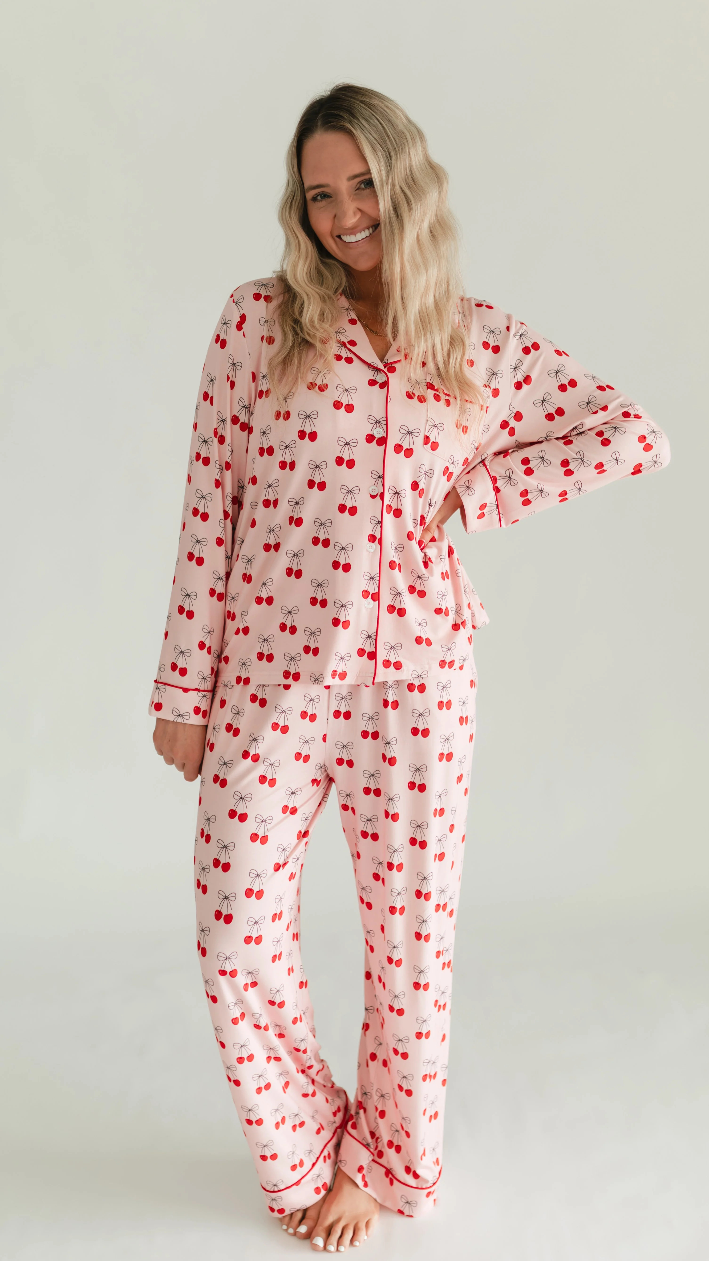 Women's Button Up Set In Pink Cherry Bows | Silks Design