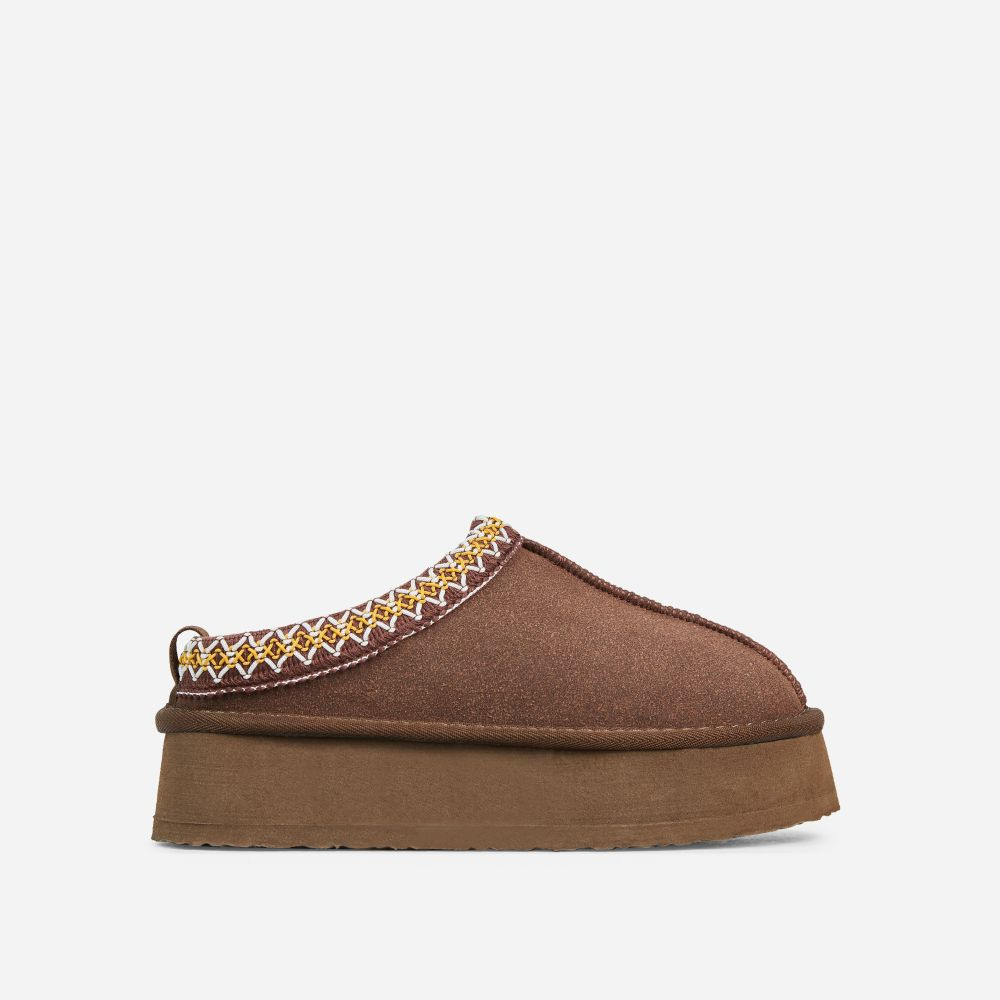 Tazmin Aztec Detail Faux Fur Lining Platform Slipper In Brown Faux Suede | EGO (UK)