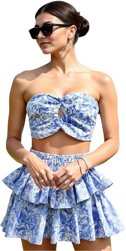 Women's 2 Piece Boho Outfit Floral Print Cut Out Crop Tube Top and Layered Ruffle Mini Skirt Set | Amazon (US)