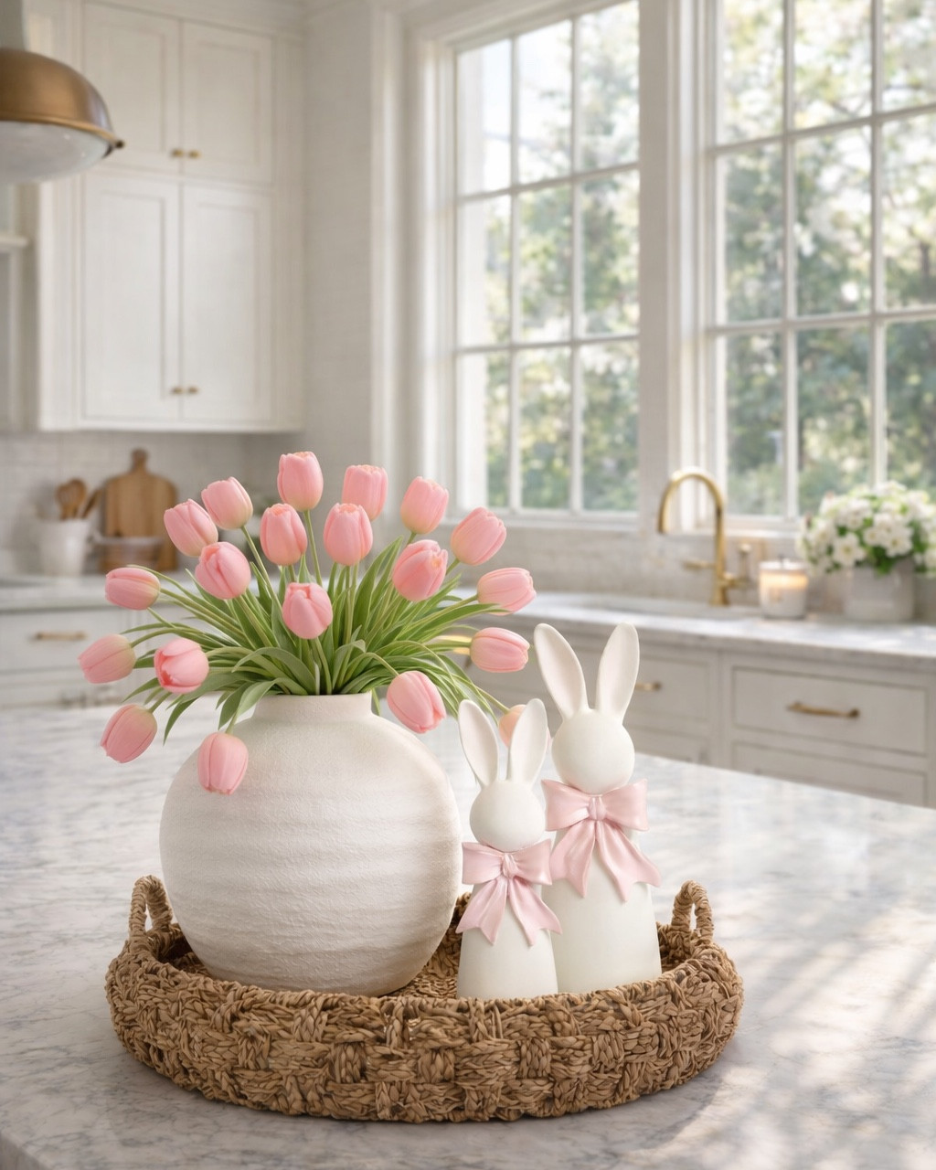 Spring Kitchen Island Centerpiece with Pink Tulips & Easter Bunny Decor

Follow @farmtotablecreations on Instagram for daily home inspiration 🤍

This soft spring kitchen moment is all about simple layers that feel fresh but still functional. Faux pink tulips arranged organically in a bright white textured vase add just the right pop of color, while the sweet ceramic bunnies bring in a subtle spring touch without feeling overdone. Everything is grounded on a woven tray so it’s easy to move when you need the counter space back—pretty and practical.

This is one of my favorite ways to style a kitchen island for spring: light, airy, neutral, and effortless.

#kitchenisland #kitchendecor #springdecor #easterdecor #countertopdecor #homedecor #neutralhome #decorinspo #vase #fauxflowers

#LTKHome #LTKSaleAlert