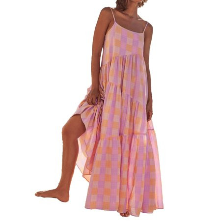 Aunavey Women Spaghetti Strap Dresses Sleeveless Plaid Loose Gingham Dress Beach Maxi Long Dress | Walmart (US)