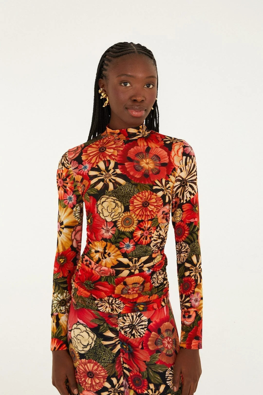 Black Flowershop Ruched Waist Jersey Blouse | FARM Rio | FarmRio (US)