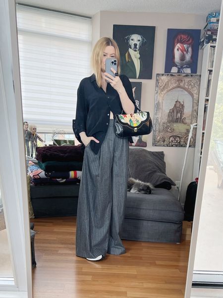 My entire H&M shop was kind of meh except these trousers. They sold out during the sale but you can sign up for restock notifications in case any are returned. They are a wool blend, high rise, very wide leg trousers with a small pinstripe. True to size, and at 5’3" with a chunky sneaker there isn’t drag when I walk. I am still going to hem them just a smidge.
Shoes secondhand.
•
.  #summerlook  #torontostylist #menswearvibes #StyleOver40  #minimalistlook #thriftFind #secondhandFind #fashionstylist #FashionOver40  #MumStyle #genX #genXStyle #shopSecondhand #genXInfluencer #genXblogger #secondhandDesigner #Over40Style #40PlusStyle #Stylish40s #styleTip  #secondhandstyle 


#LTKitbag #LTKstyletip #LTKover40