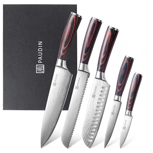PAUDIN Kitchen Knife Set, High Carbon Stainless Steel Kitchen Knives, 5 Piece Chef Knives Sets with Ergonomic Handle, Japanese Knife Set for Kitchen,Cooking Knives Come with Gift Box | Amazon (UK)