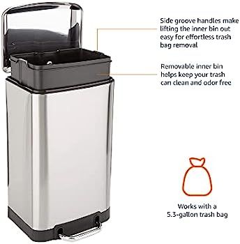 Amazon Basics 20 Liter / 5.3 Gallon Soft-Close, Smudge Resistant Trash Can with Foot Pedal - Nick... | Amazon (US)
