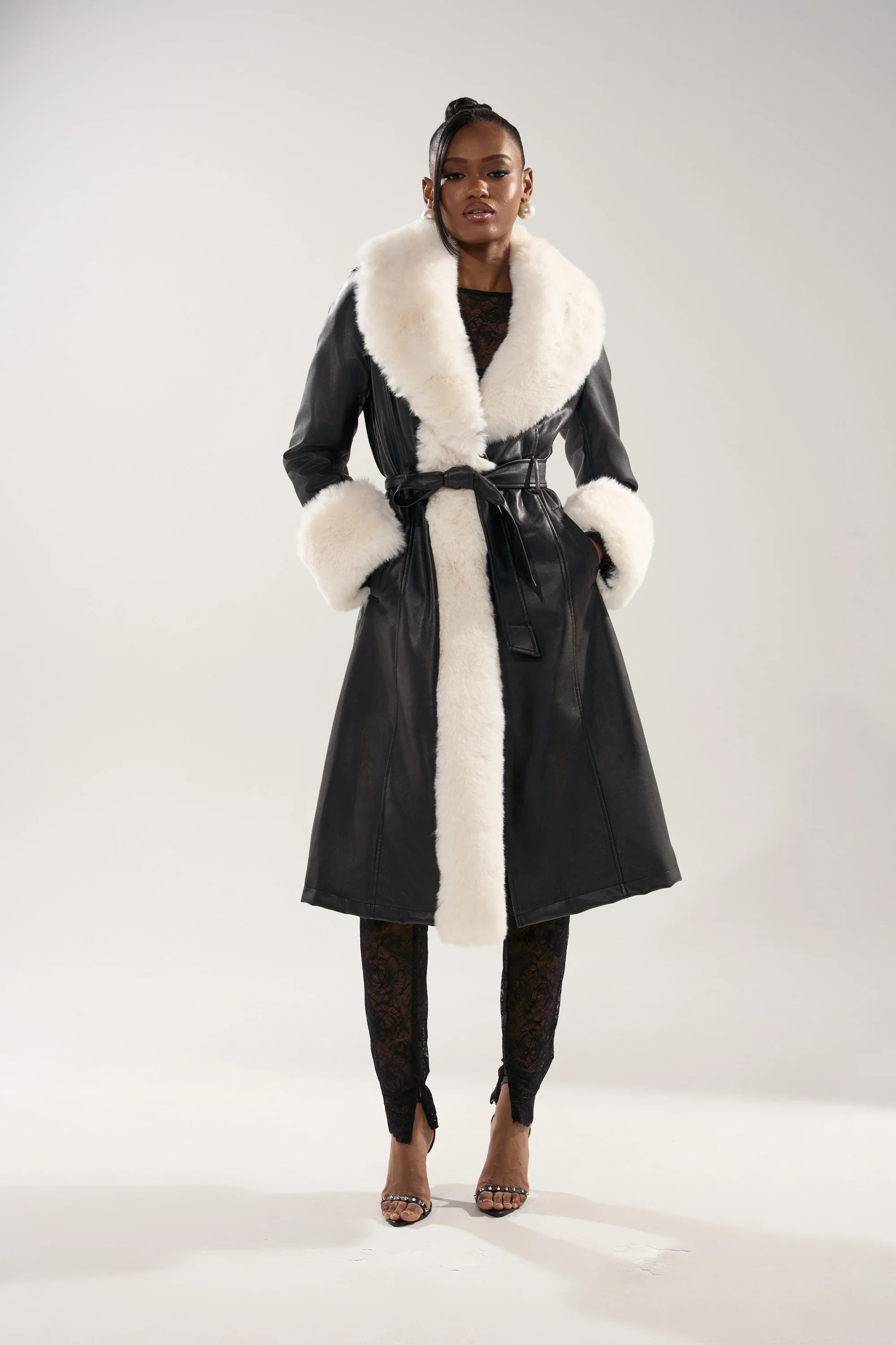 AKIRA Snow Bunny Fur Trim Trench Coat | Black | Size Medium | AKIRA