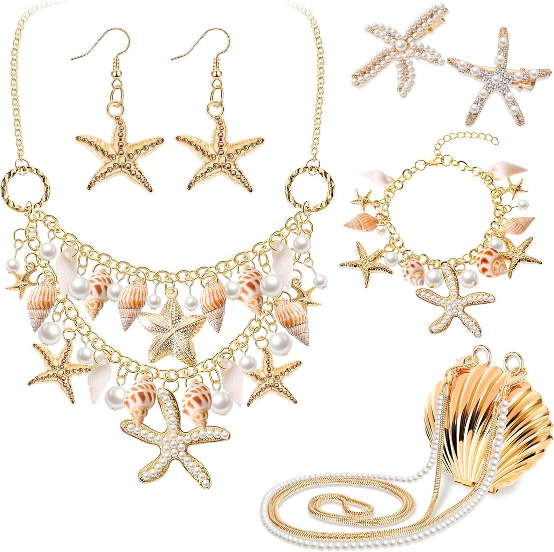 Hillban 6 Pieces Women Mermaid Jewelry Starfish Necklace Bracelets Seashell Purse Summer Beach Ea... | Amazon (US)