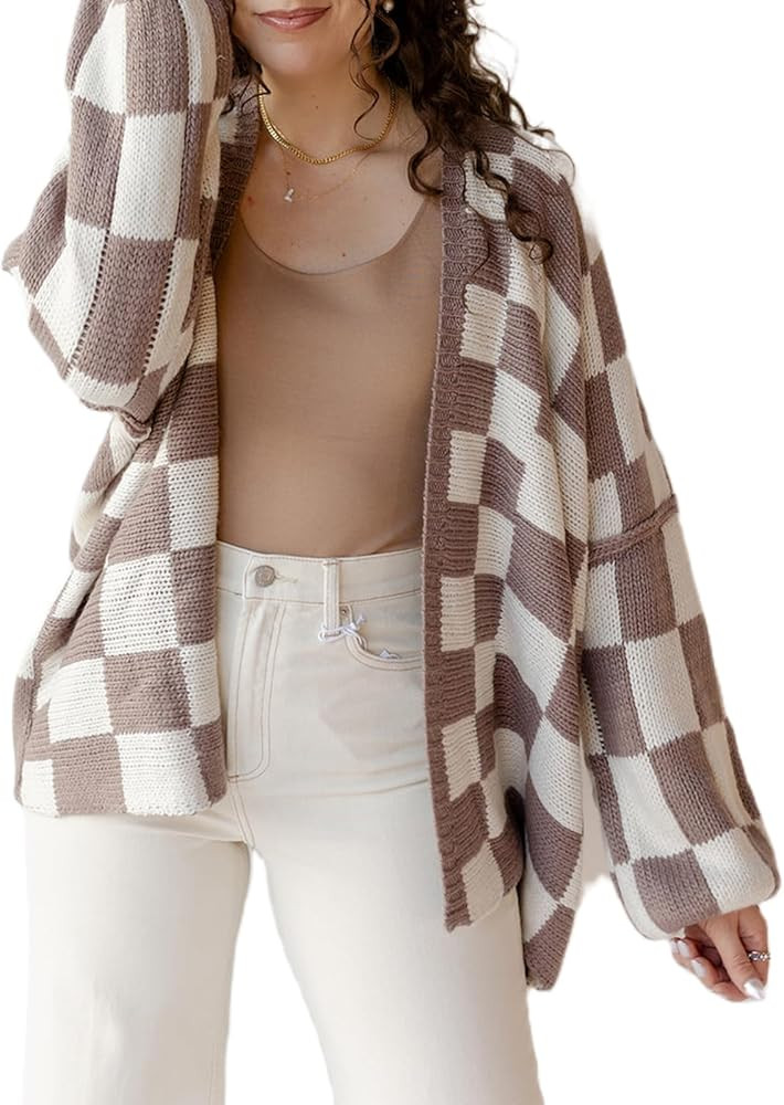 Giraropa Women Checkered Cardigan 2024 Long Sleeve Open Front Loose Knit Sweater Oversized Lightw... | Amazon (US)