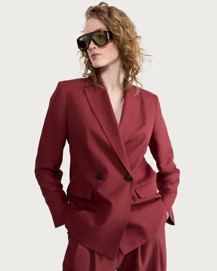 The F&F Edit Double Breasted Oversized Fit Blazer with Linen in Burgundy | Tesco F&F