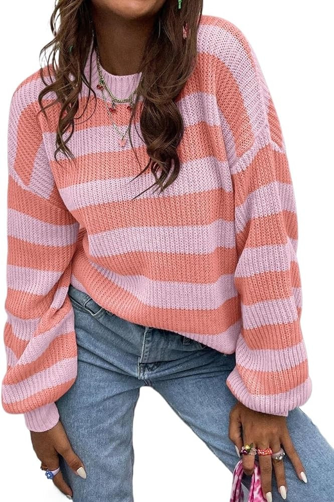 Casual Striped Round Neck Loose Knit Sweater Fashion Outfits for Women | Amazon (US)