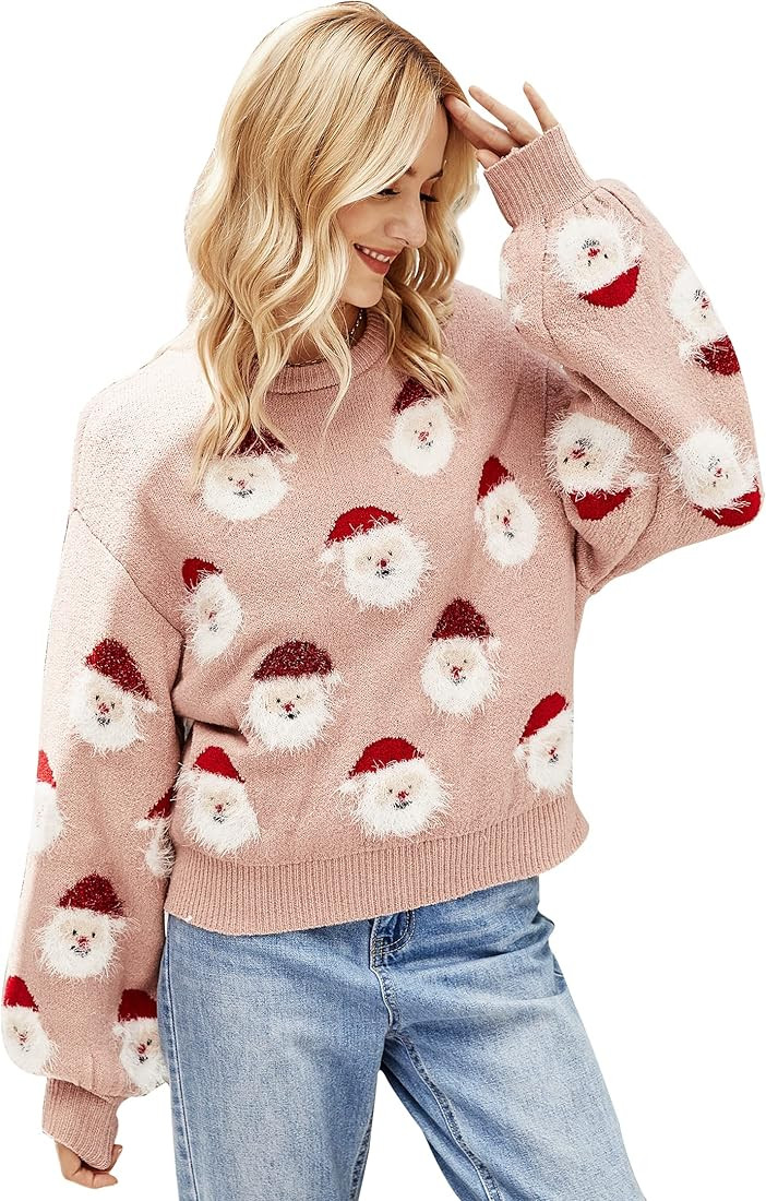 Womens Ugly Christmas Sweater Funny Santa Funny Xmas Holiday Party Knitted Pullover | Amazon (US)