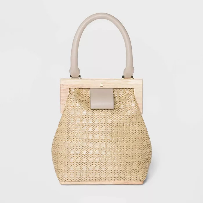 Estee & Lilly Magnetic Closure Raffia Wood Frame Mini Satchel Handbag - Beige | Target