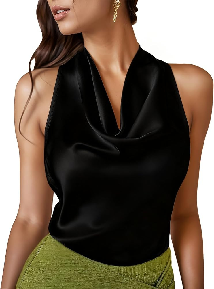 Cowl Neck Halter Tops for Women Silk Satin Going Out Tank Top Trendy Summer Camisole Business Cas... | Amazon (US)