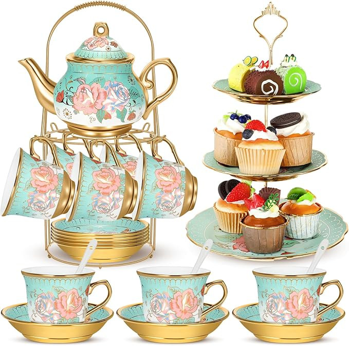 21 Pcs Ceramic Teapot Set Vintage Porcelain Tea Cups with Metal Holder and High Tier Cupcake Stan... | Amazon (US)