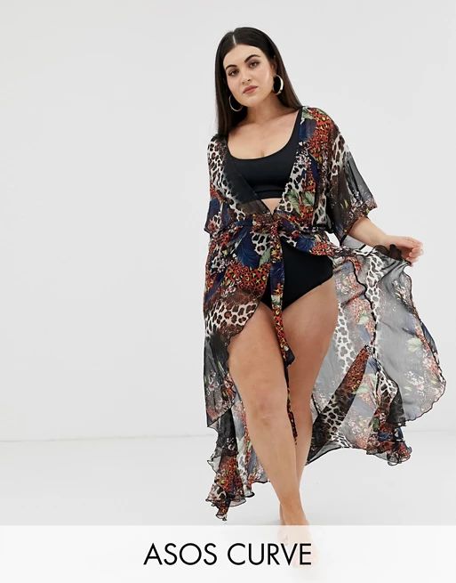 ASOS DESIGN Curve chiffon belted beach kimono in leopard tropical print | ASOS US