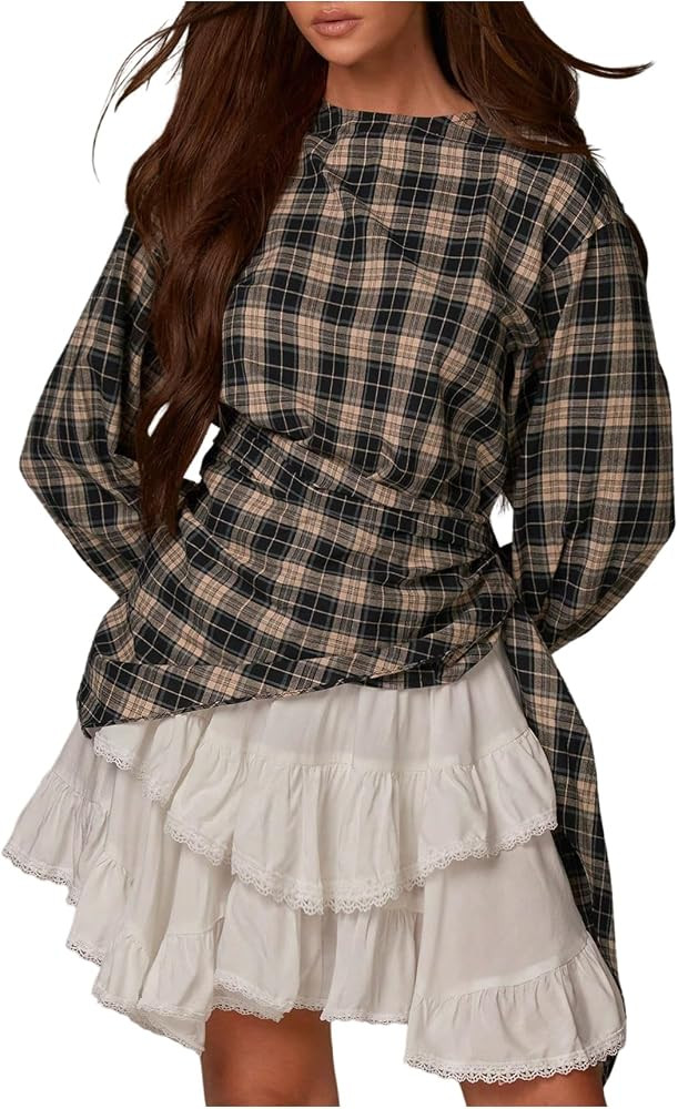 Floerns Women's Plaid Blouse Asymmetrical Hem Tie Side Going Out Top | Amazon (US)